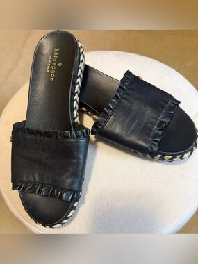 kate spade Black Ruffle Trim Braided Sole Espadrille Slides